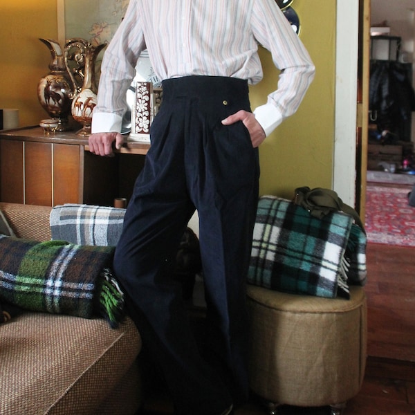Pantalon taille haute en velours côtelé pour homme des années 30 et 40, pantalon en velours côtelé bleu marine avec plis sur le devant