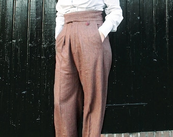 vintage style 1930s 1940s herringbone tweed trousers, mens trousers for women, high waisted pants brown wool tweed