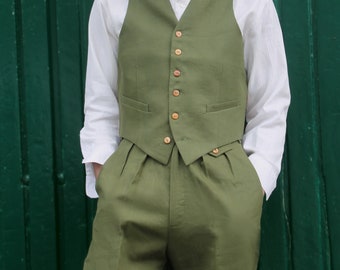 Pantalon en lin vert olive style années 1940, repro vintage pantalon plissé taille haute, mode des années 1930