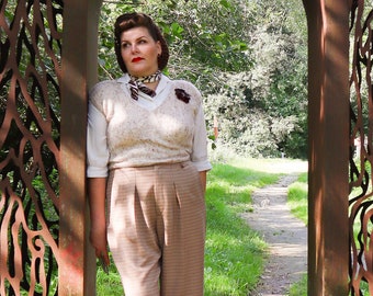 1930s 1940s ladies suit trousers vintage style, beige brown checkered wool marlene trousers