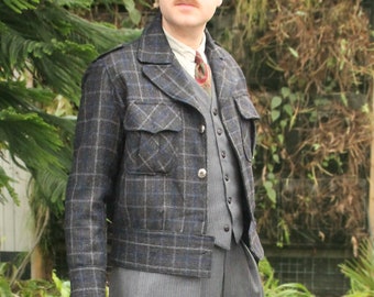 Ike jacket 1940s reproduction in 100% Shetland wool grey with blue plaid checkers