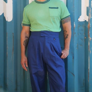 1940s blue high waisted trousers with pleated front in cotton