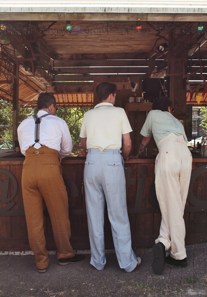 1930s Men’s Summer Clothing Guide     1930s 1940s trousers natural linen beige with extreme high waist pleated front and fishtail back vintage style mens pants linen trousers  AT vintagedancer.com