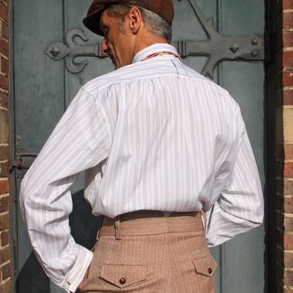 1930s vintage style spearpoint collar shirt in striped cotton with French cuffs for cufflinks