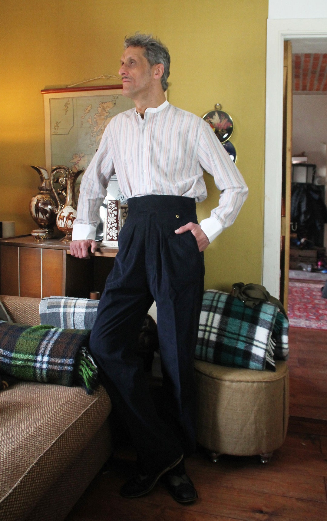 1930s 1940s Mens Vintage Style Rib Cords High Waisted Trousers, Navy ...