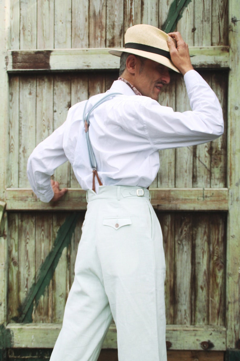 1920s Men’s Outfit Inspiration – Costume Ideas for the Roaring Twenties     high waist trousers in powder blue linen with reverse pleats vintage style $234.45 AT vintagedancer.com