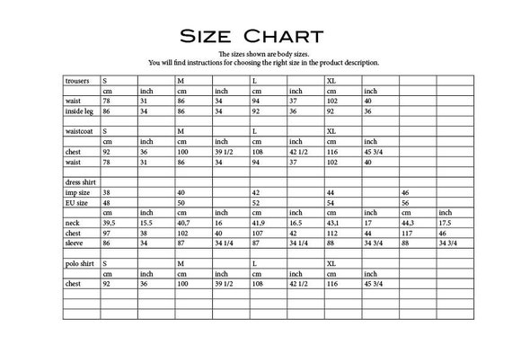 Menswear Size Chart