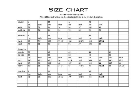 Menswear Size Chart