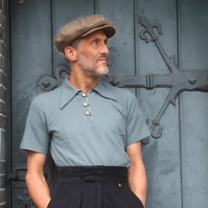 Vintage style organic cotton polo shirt, 1930s sport shirt blue