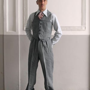 Vintage style high waisted pleated full cut trousers and waistcoat in grey and black striped wool