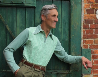 Estilo vintage: polo de manga larga inspirado en los años 40 en menta oscuro con cuello de punta de lanza