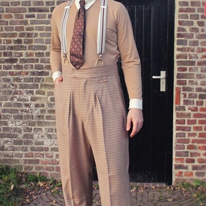 Vintage style high waist trousers in wool flannel with brown checks