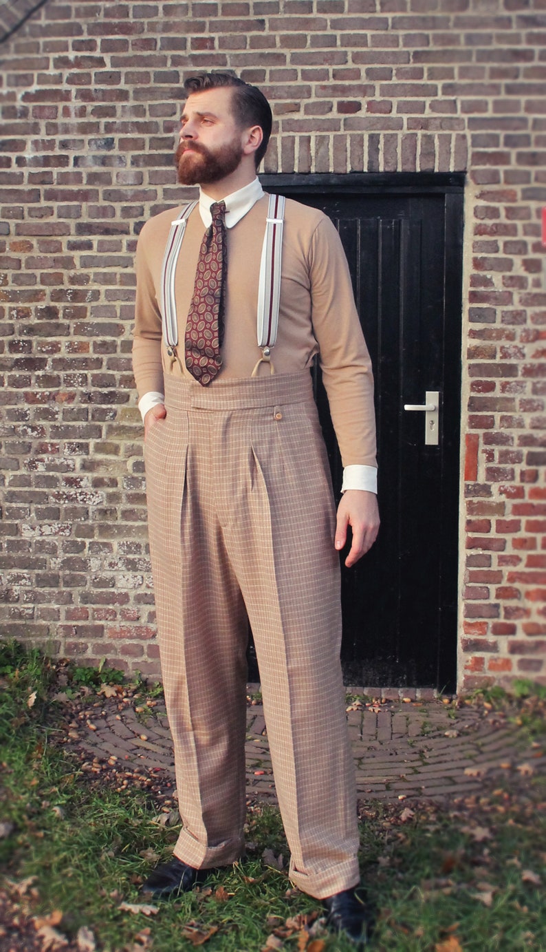 1940s Men’s Clothing & Fashion History     Vintage style high waist trousers in wool flannel with brown checks  AT vintagedancer.com