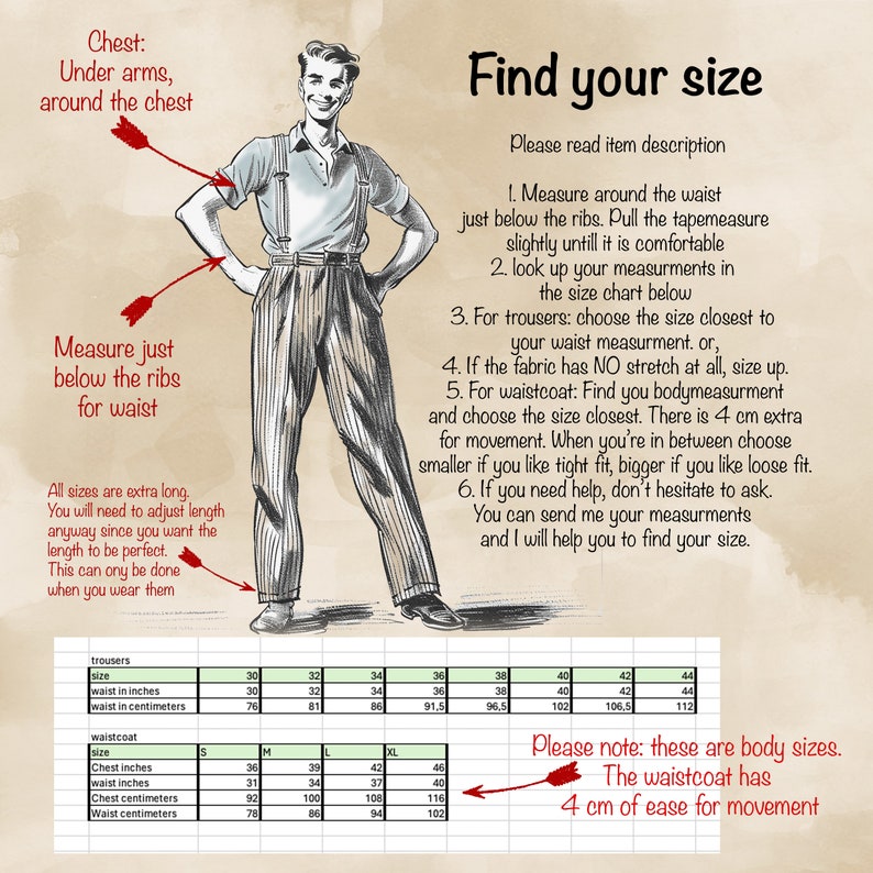 May include: An illustrated guide to finding the correct size for trousers and waistcoats. The image includes a drawing of a man, measurement instructions, and a size chart with measurements in inches and centimeters.