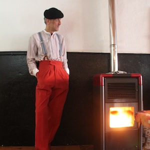 1940s high waisted trousers in red brown corduroy, 1930s cords ribbed velvet pleated pants