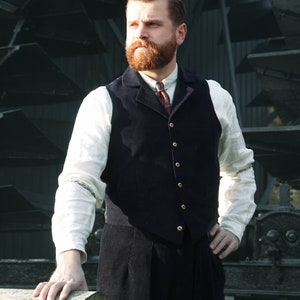 1930s Style Corduroy Waistcoat: Tailored Collar, Dark Blue Cords