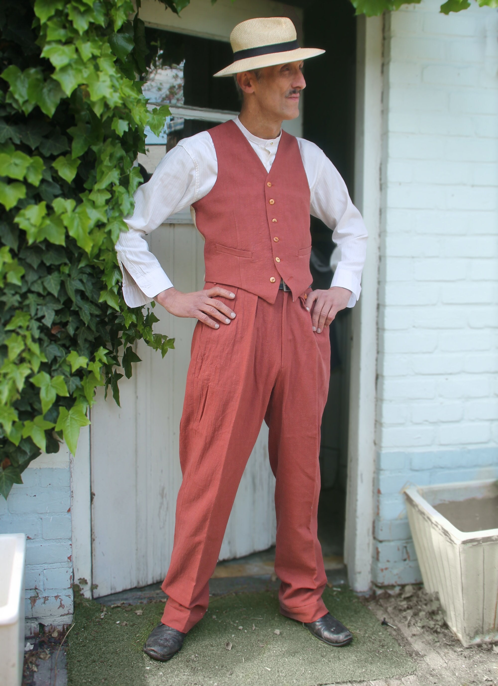 1940s Vintage Style Trousers Brown Linen, Classic High Waist