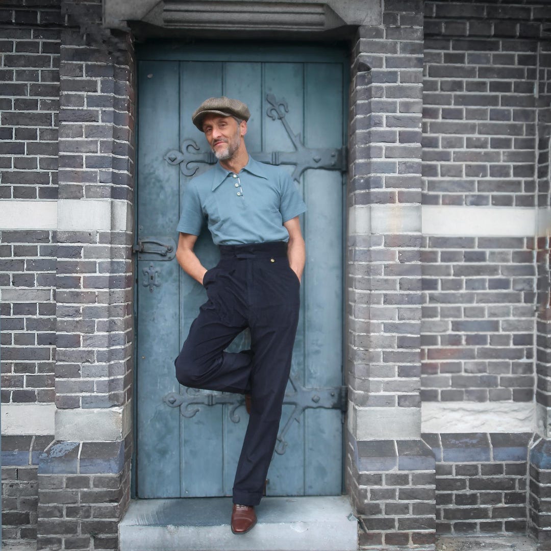 1940s Style Corduroy Trousers: High Waisted Navy Blue Pleated