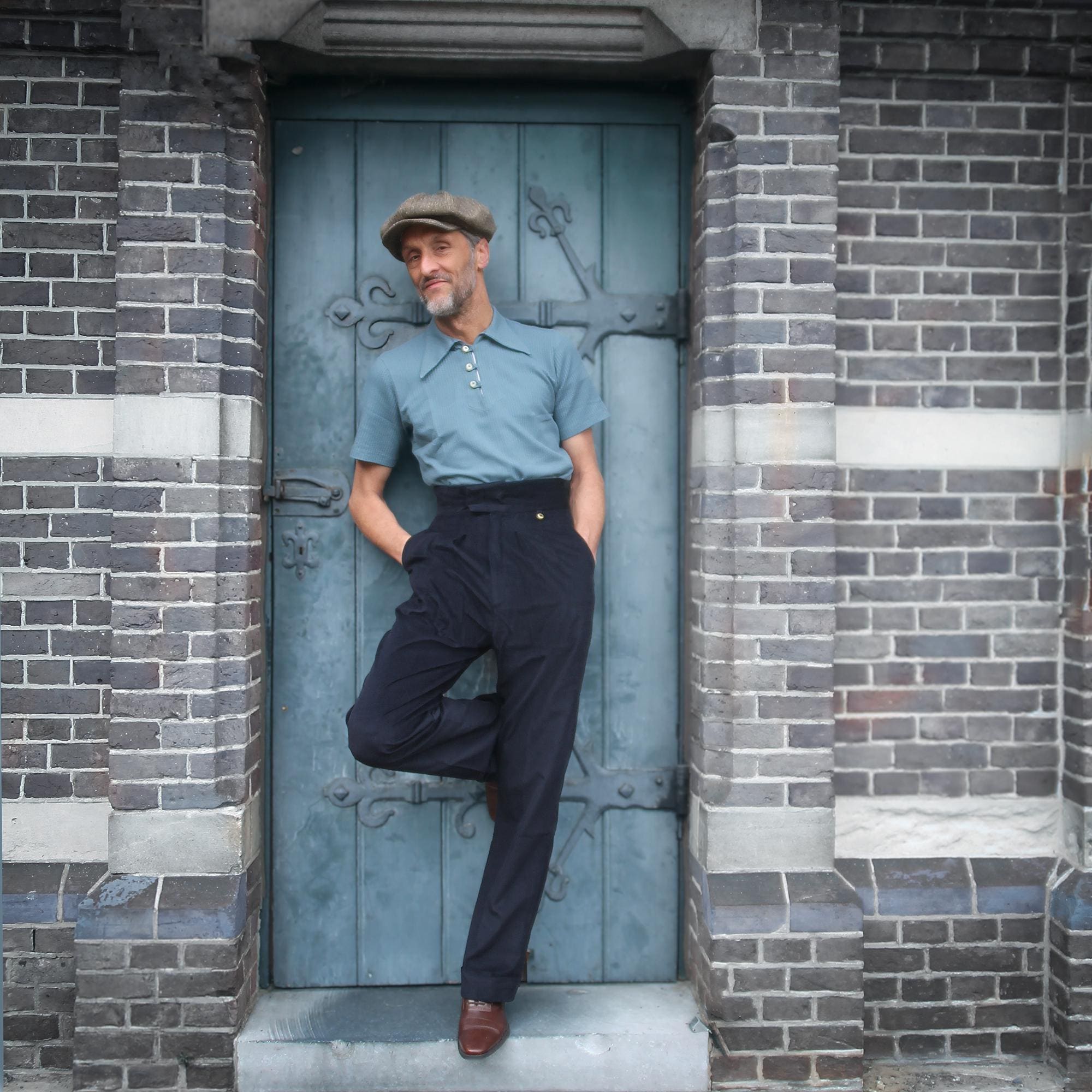 1940s Style Corduroy Trousers: High Waisted Navy Blue Pleated