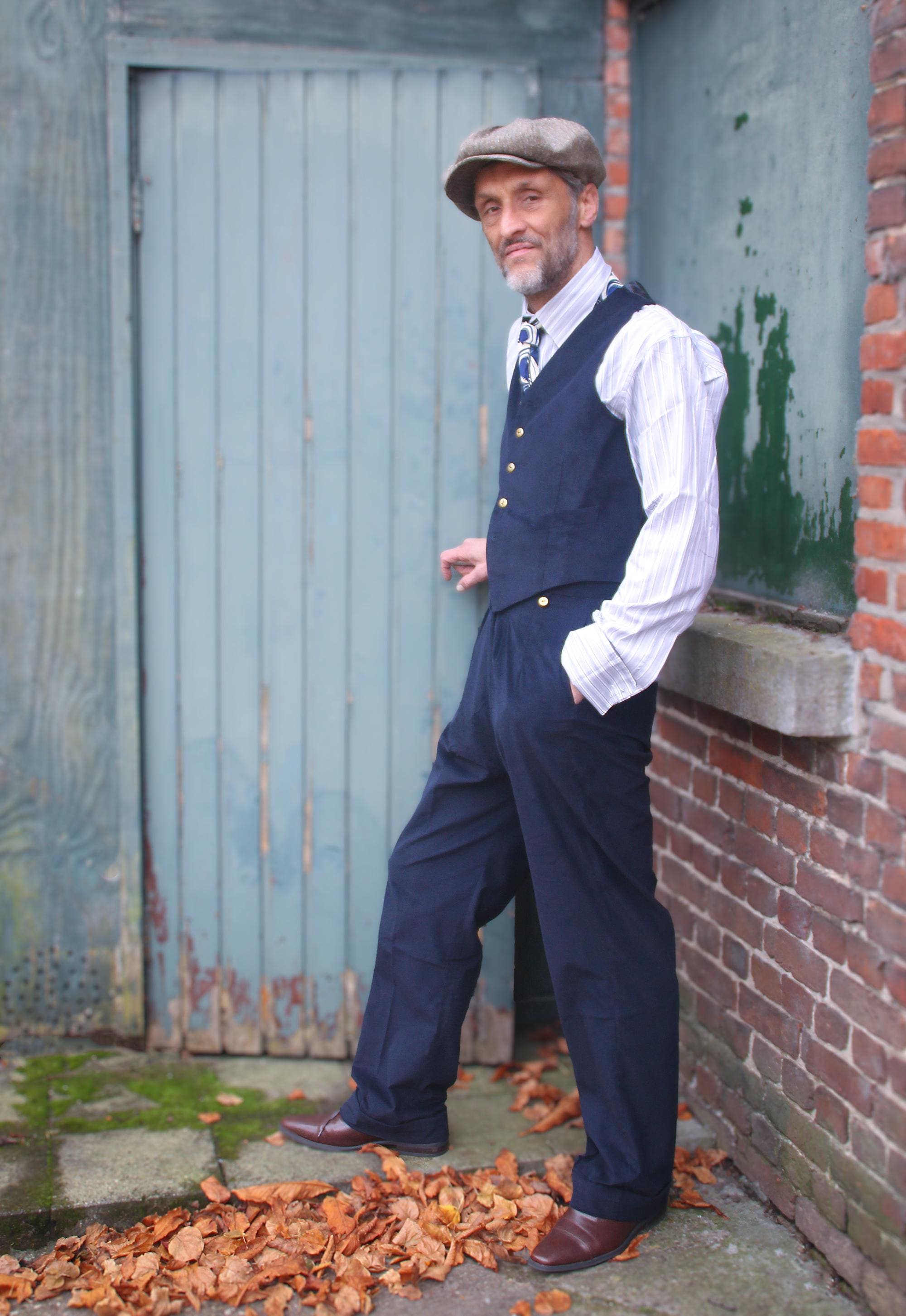 1940s Style Corduroy Trousers: High Waisted Navy Blue Pleated