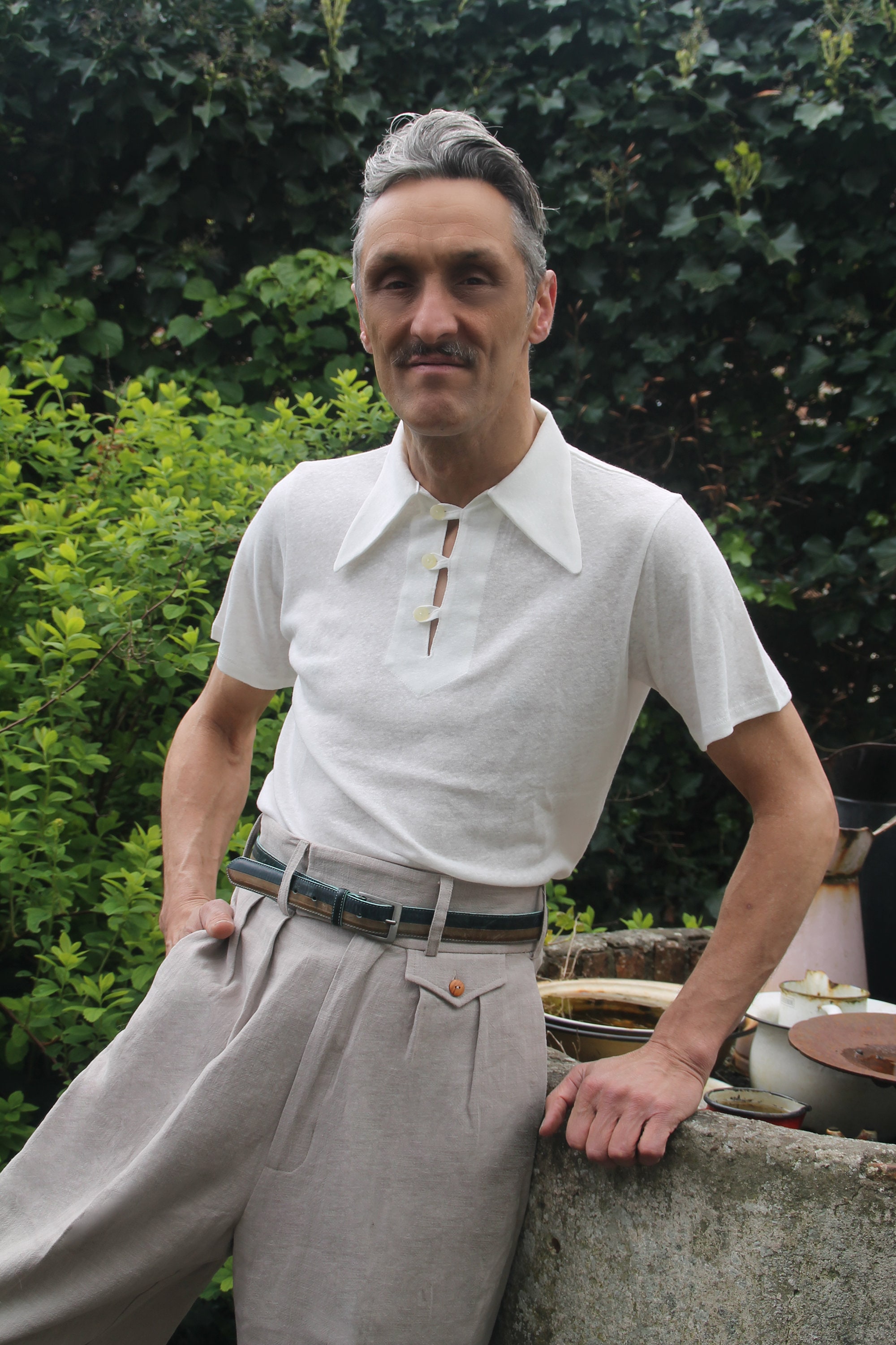Vintage Style High Waist Trousers Light Gray Linen, 1930s 1940s