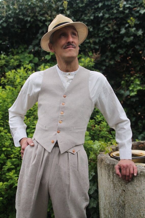 Vintage Style High Waist Trousers Light Gray Linen, 1930s 1940s