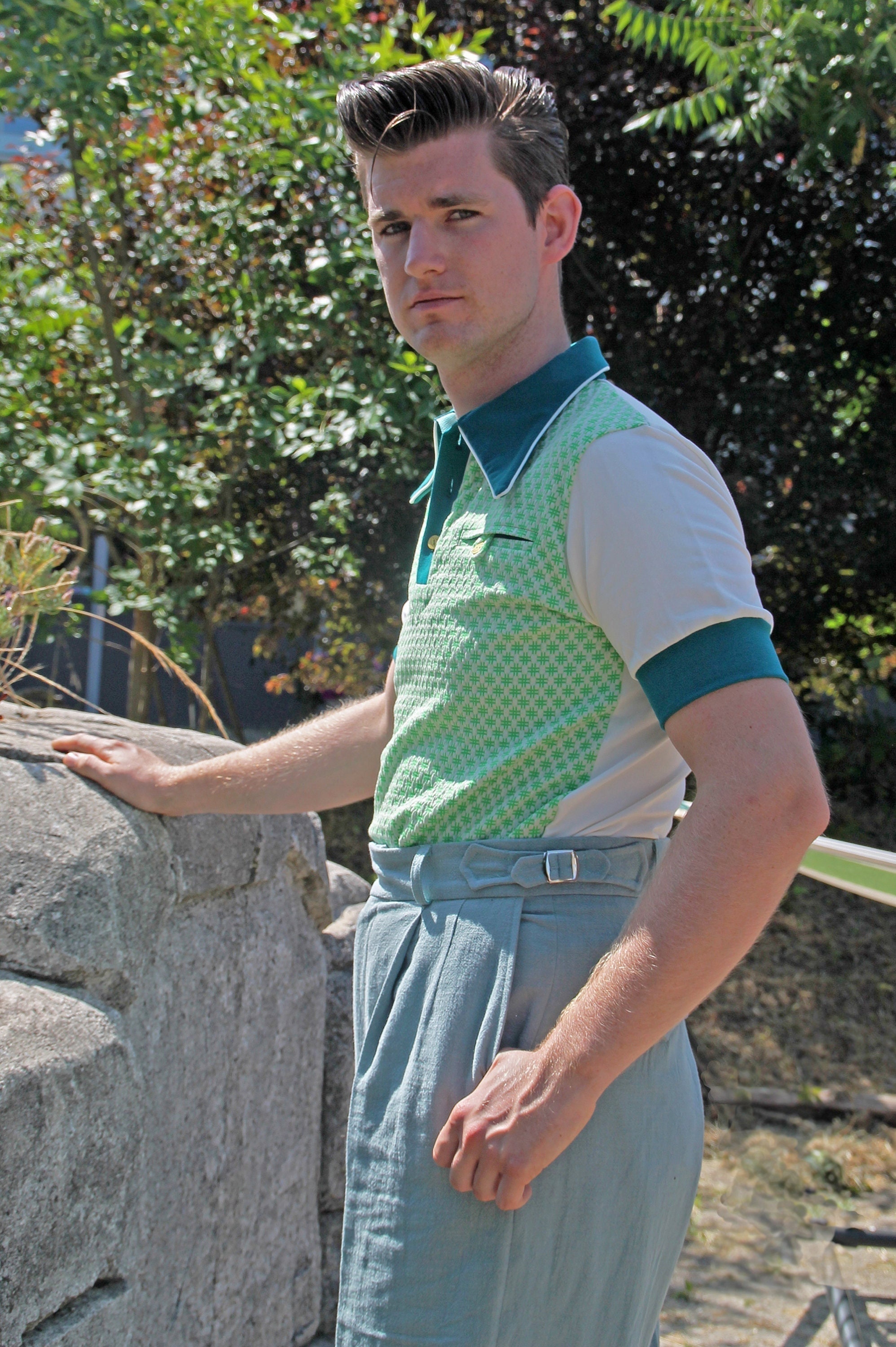 High Waist Trousers in Vintage Style in Dark Mint Linen - Etsy