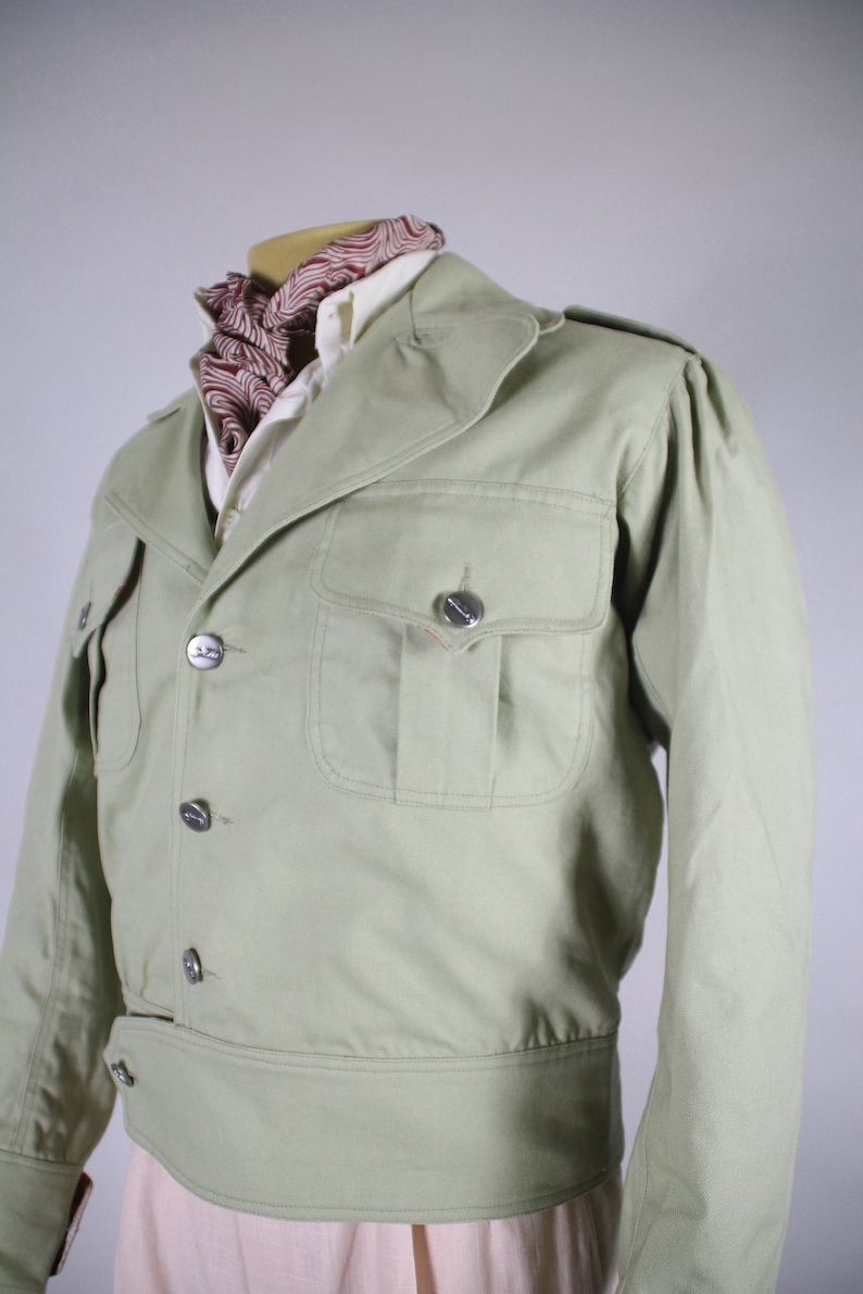 Men’s Vintage Style Jackets & Coats 1920s-1970s     1940s style repro Eisenhower or Ike jacket in cotton canvas sage green  AT vintagedancer.com