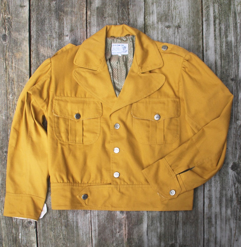 1930s Men’s Coat and Jacket Styles utility jacket mustard yellow canvas after 1940s pattern $360.21 AT vintagedancer.com