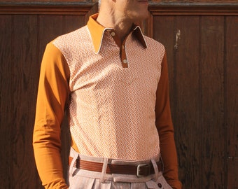 polo d'inspiration vintage à manches longues brun rouille orange style années 1940 chemise à col pointu