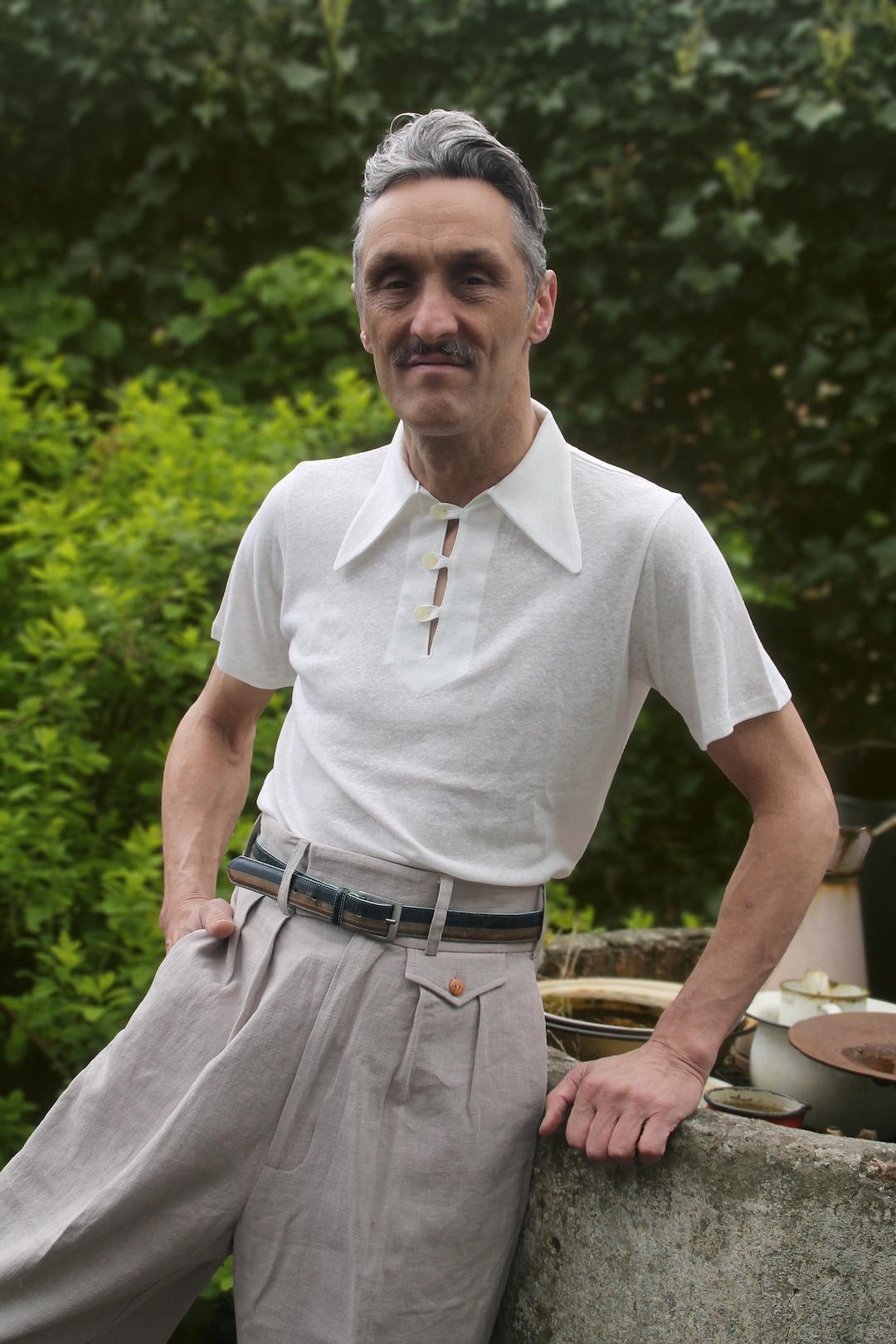 Vintage Style Mens Polo Shirt off White Linen Jersey 1930s