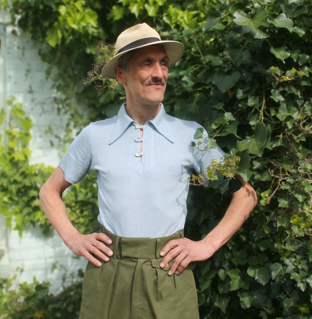 Vintage Style Mens Polo Shirt Light Blue Jersey With 1930s