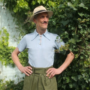 Vintage style mens polo shirt light blue jersey with 1930s sport shirt