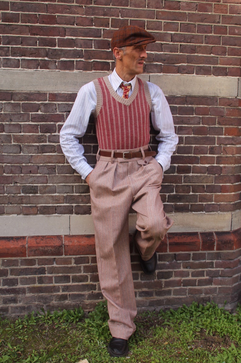 1930s Men’s Outfit Inspiration | Costume Ideas     Vintage style high waist trousers green wool tweed 1930s 1940s mens pants  AT vintagedancer.com