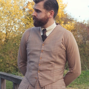 1930s Style Wool Tweed Waistcoat: Beige Tattersal Check