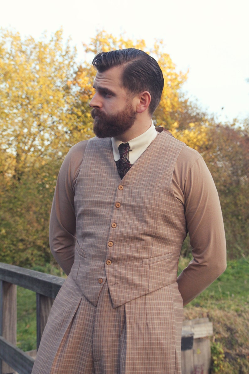 1930s Men’s Summer Clothing Guide     1930s 1940s waistcoat vintage style in beige tattersal chekered wool tweed for high waisted trousers  AT vintagedancer.com