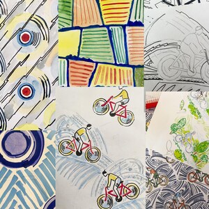 May include: A collage of watercolor paintings featuring abstract designs and illustrations. The artwork includes geometric patterns with circles and lines, as well as depictions of cyclists on bicycles. The color palette includes blue, red, yellow, and green.