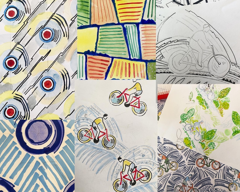 May include: A collage of watercolor paintings featuring abstract designs and illustrations. The artwork includes geometric patterns with circles and lines, as well as depictions of cyclists on bicycles. The color palette includes blue, red, yellow, and green.