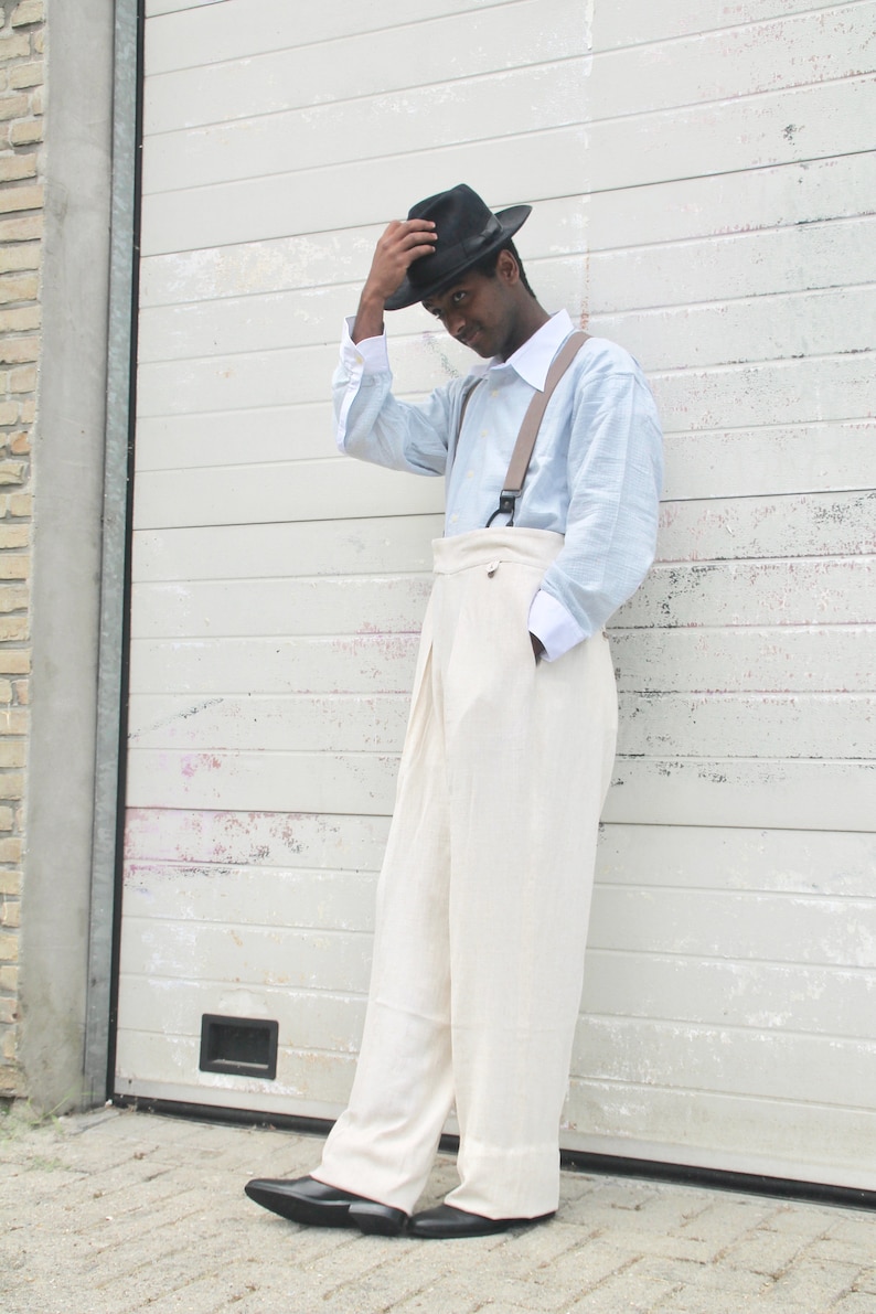 1940s Men’s Outfit Inspiration | Costume Ideas 40s style cream linen trousers pleated wide fit with fishtail back $195.00 AT vintagedancer.com