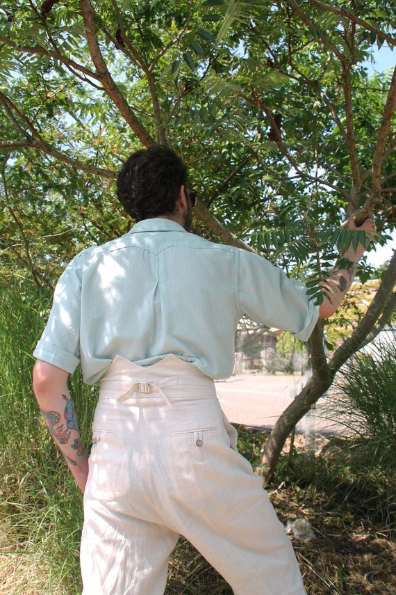 1930s 1940s Natural Linen Extreme High Waisted Trousers With Fishtail Back  and Pleated Front 