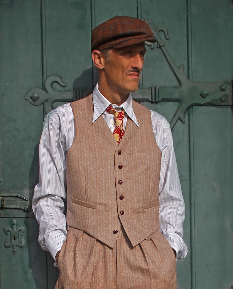 Men’s Vintage Vests, Sweater Vests     1930s 1940s waistcoat vintage style in rust brown herringbone tweed pure wool  AT vintagedancer.com