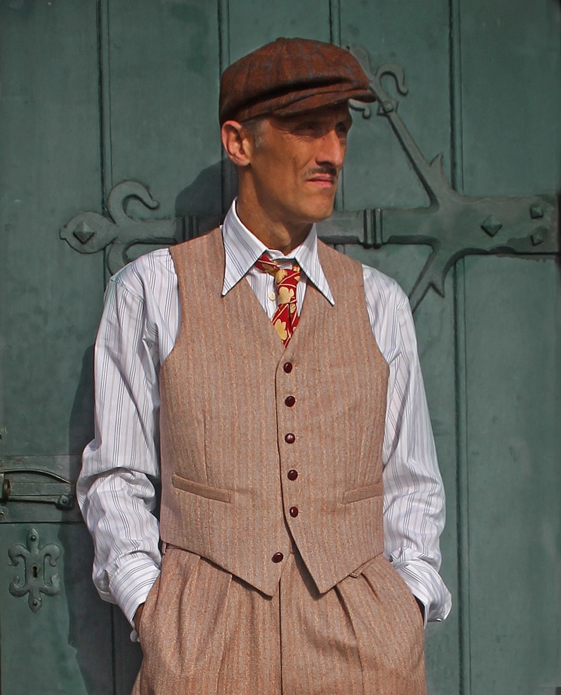 Men&rsquo;s Vintage Vests, Sweater Vests     1930s 1940s waistcoat vintage style in rust brown herringbone tweed pure wool  AT vintagedancer.com