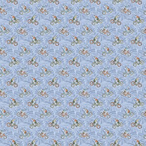 May include: A repeating pattern of cyclists riding bicycles in various colors, including orange, green, and blue. The cyclists are depicted on a light blue background with wavy lines. The overall design has a whimsical, illustrative style.