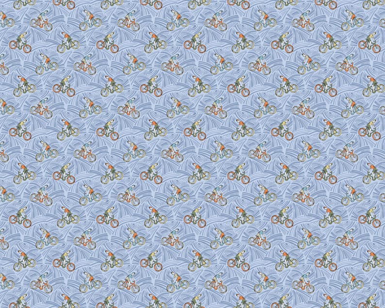 May include: A repeating pattern of cyclists riding bicycles in various colors, including orange, green, and blue. The cyclists are depicted on a light blue background with wavy lines. The overall design has a whimsical, illustrative style.