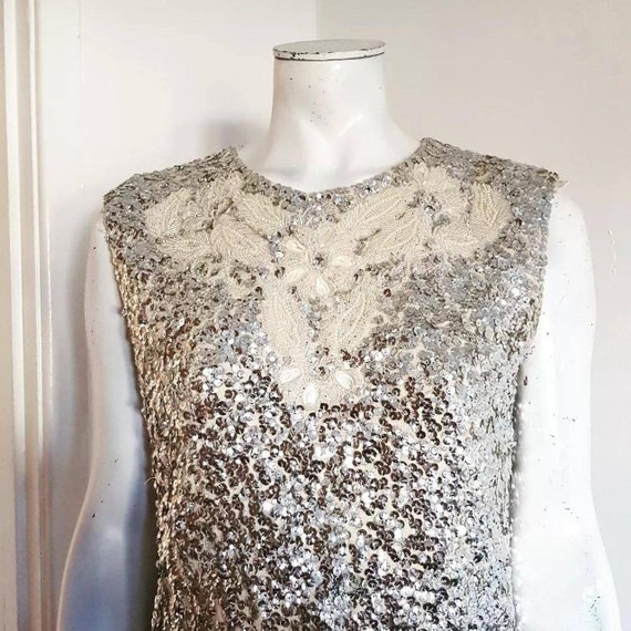 1950s silver sequin zip up knit top - image 1