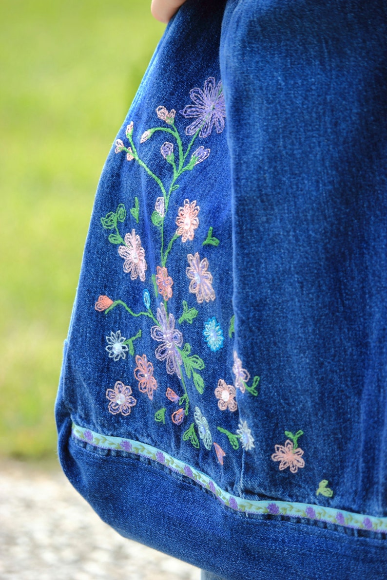 Jean Messenger Bag with Embroidered Flowers Pink Lining ~ Upcycled Bookbag Backpack Library Bag Tote