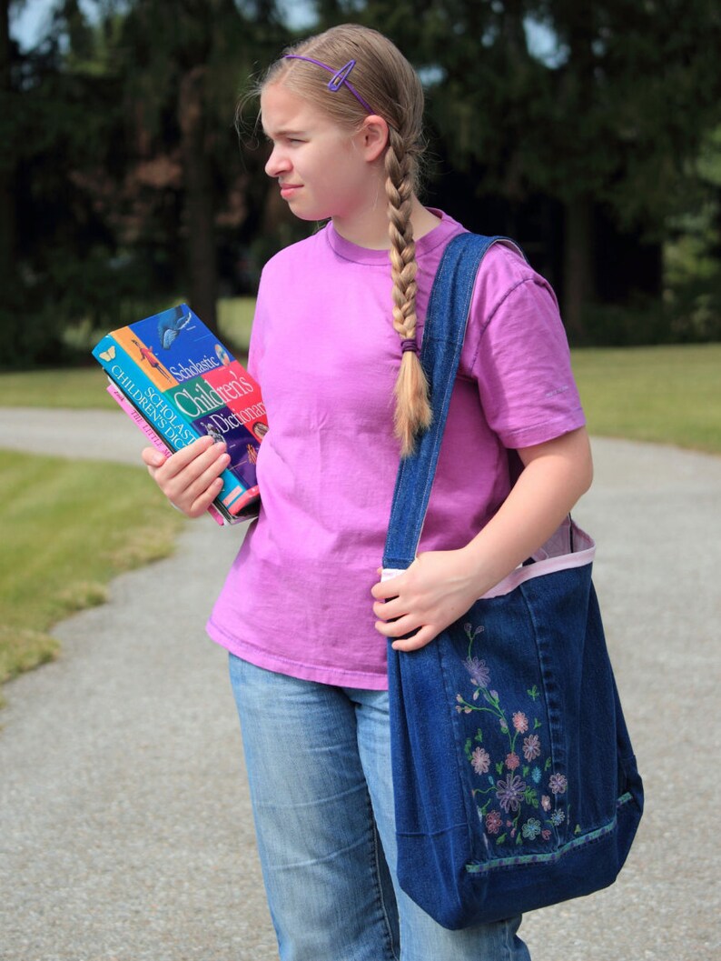 Jean Messenger Bag with Embroidered Flowers Pink Lining ~ Upcycled Bookbag Backpack Library Bag Tote