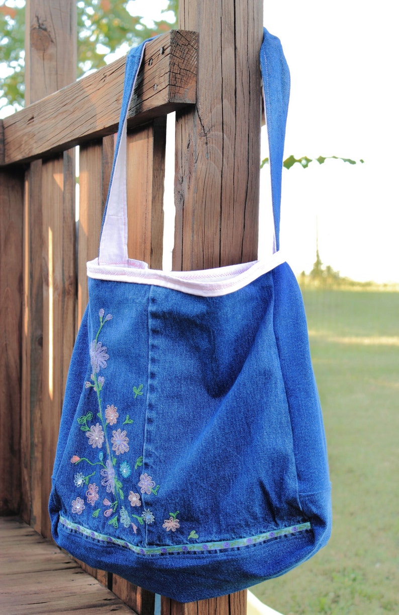 Jean Messenger Bag with Embroidered Flowers Pink Lining ~ Upcycled Bookbag Backpack Library Bag Tote