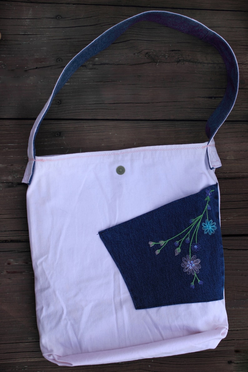 Jean Messenger Bag with Embroidered Flowers Pink Lining ~ Upcycled Bookbag Backpack Library Bag Tote