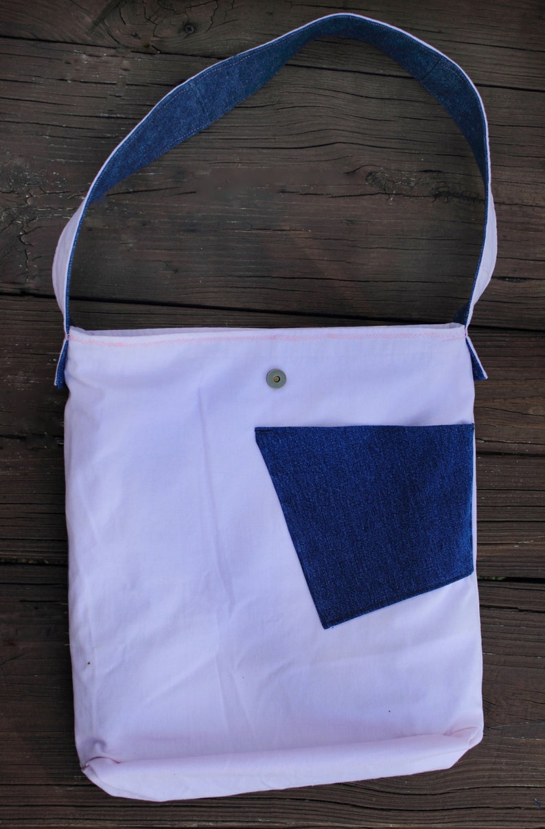 Jean Messenger Bag with Embroidered Flowers Pink Lining ~ Upcycled Bookbag Backpack Library Bag Tote